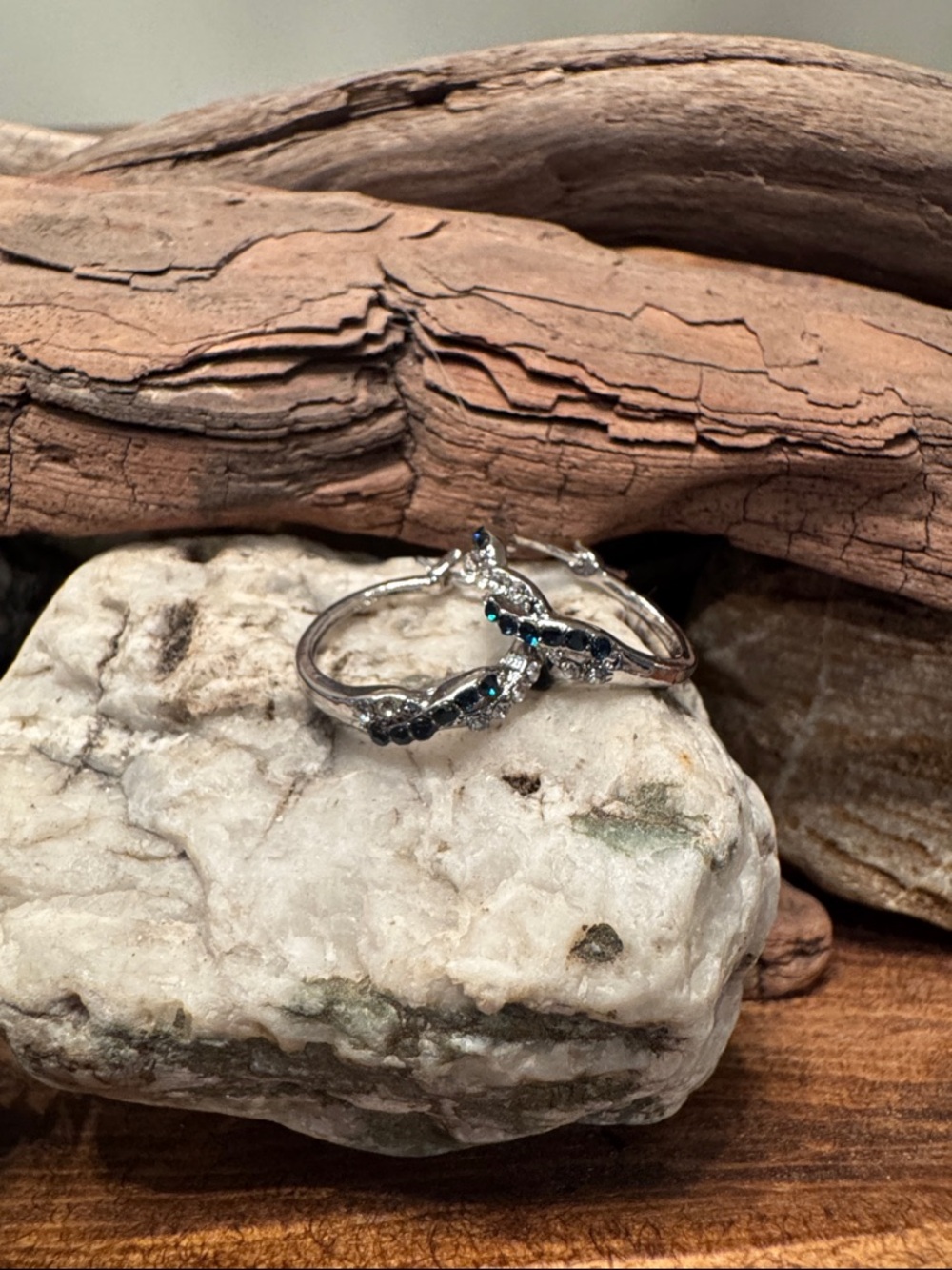 Silver Hoop Earrings with Blue and Clear Stones